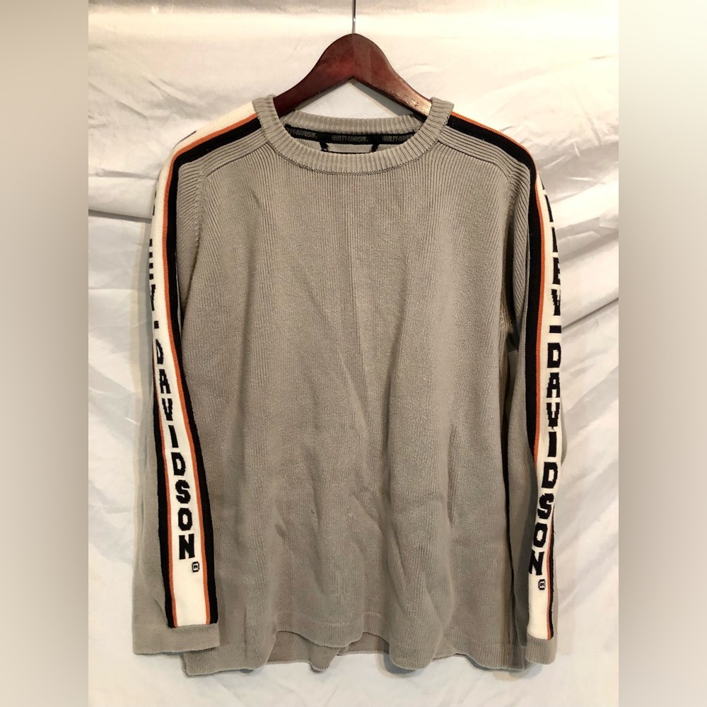 Harley Davidson Heavy Knit Sweater Large Grey Logo Sleeves VGUC